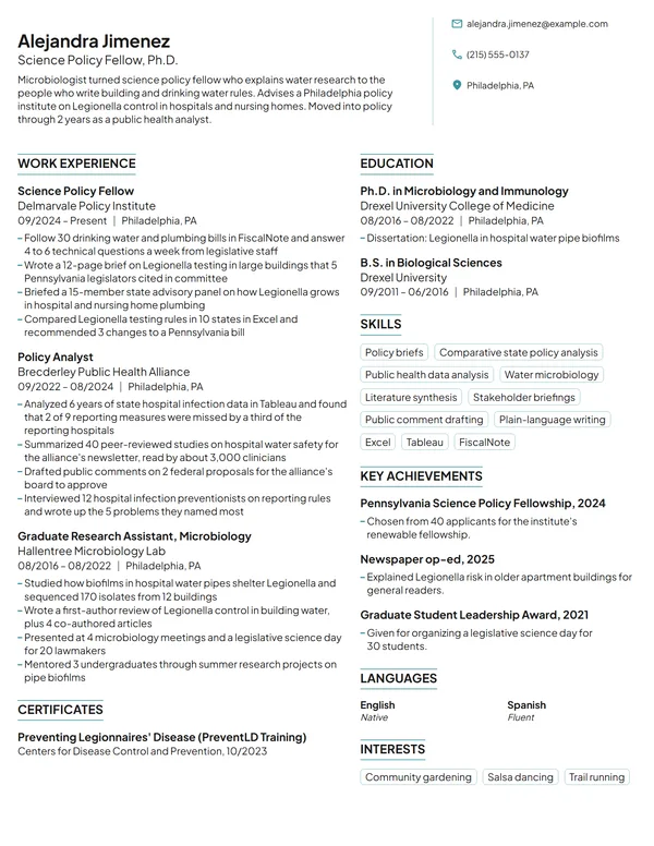 Science Policy Fellow resume example