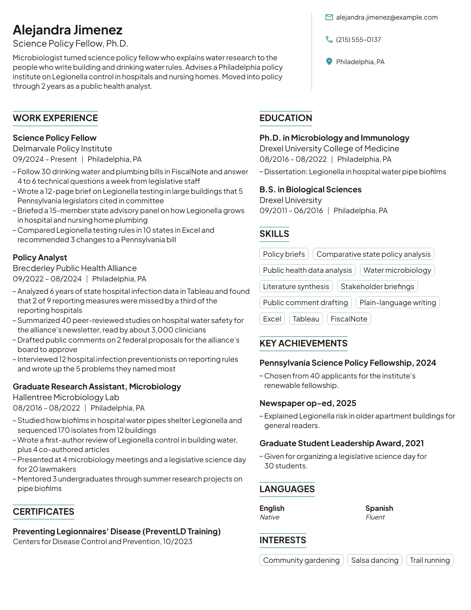 Science Policy Fellow resume example