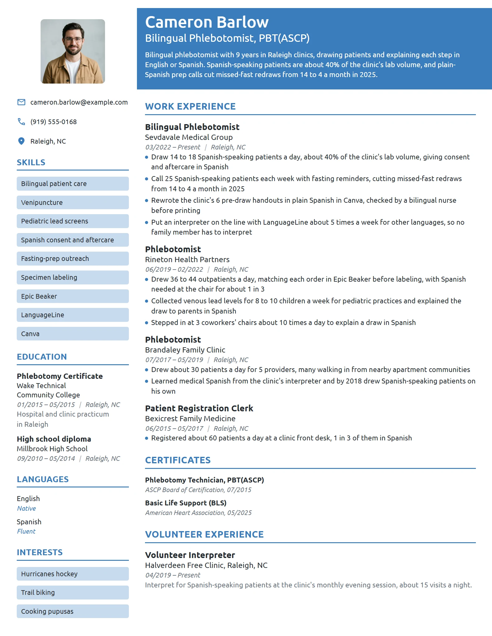Bilingual Phlebotomist resume example