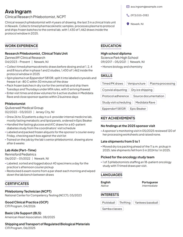 Clinical Research Phlebotomist resume example
