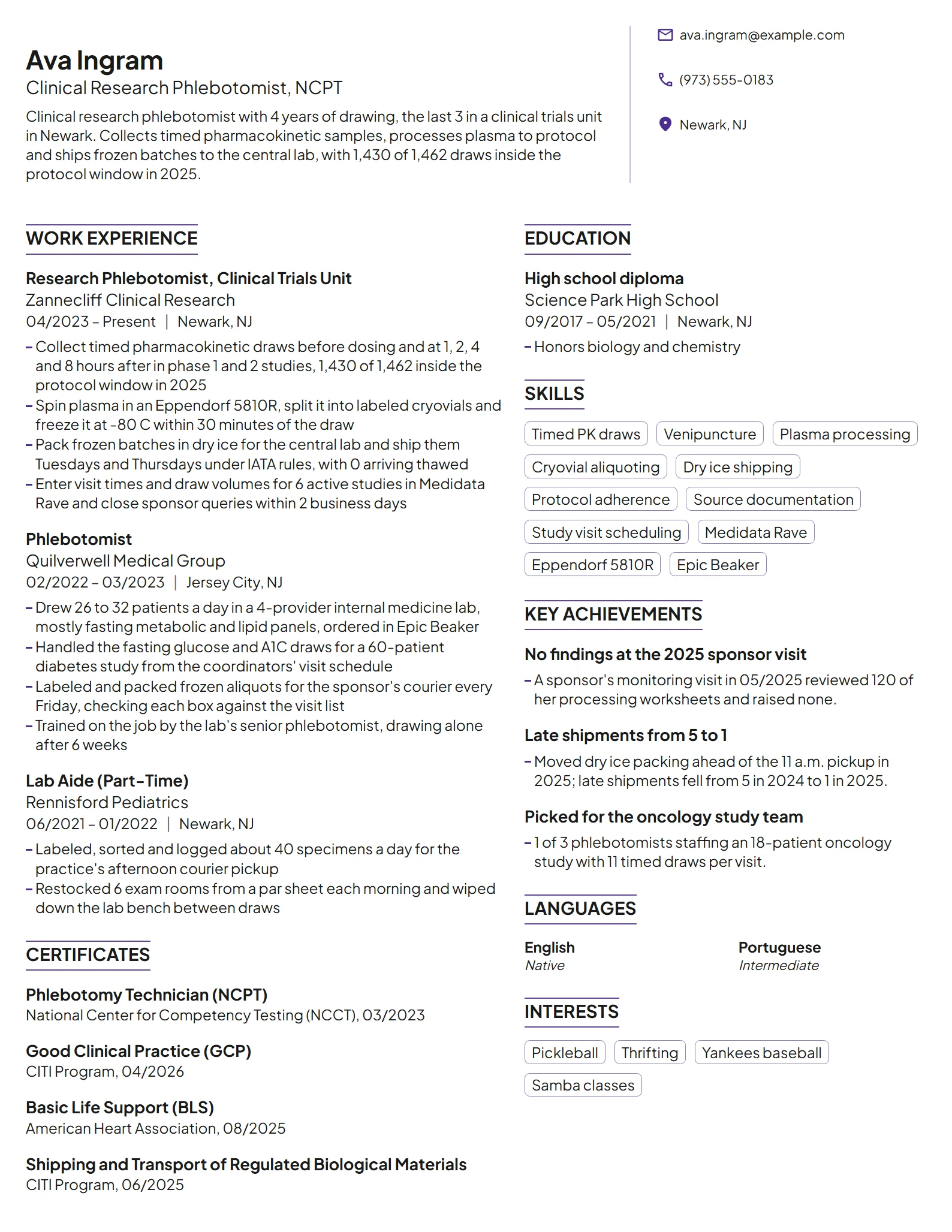 Clinical Research Phlebotomist resume example
