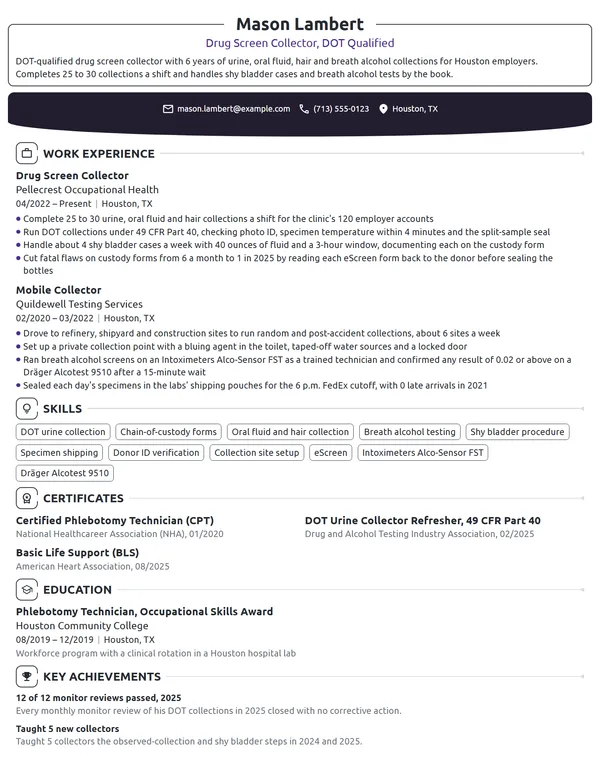 Drug Screen Collector resume example
