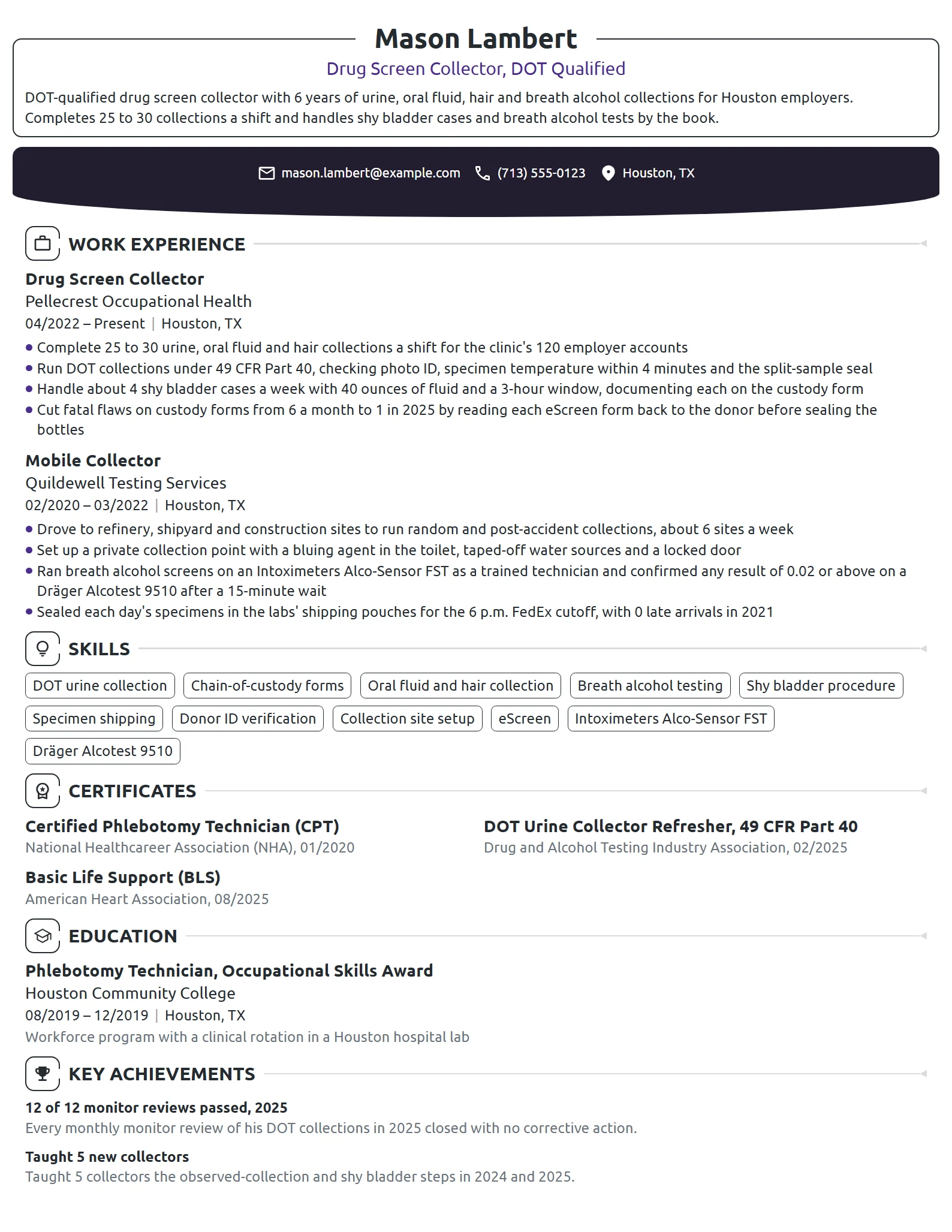 Drug Screen Collector resume example
