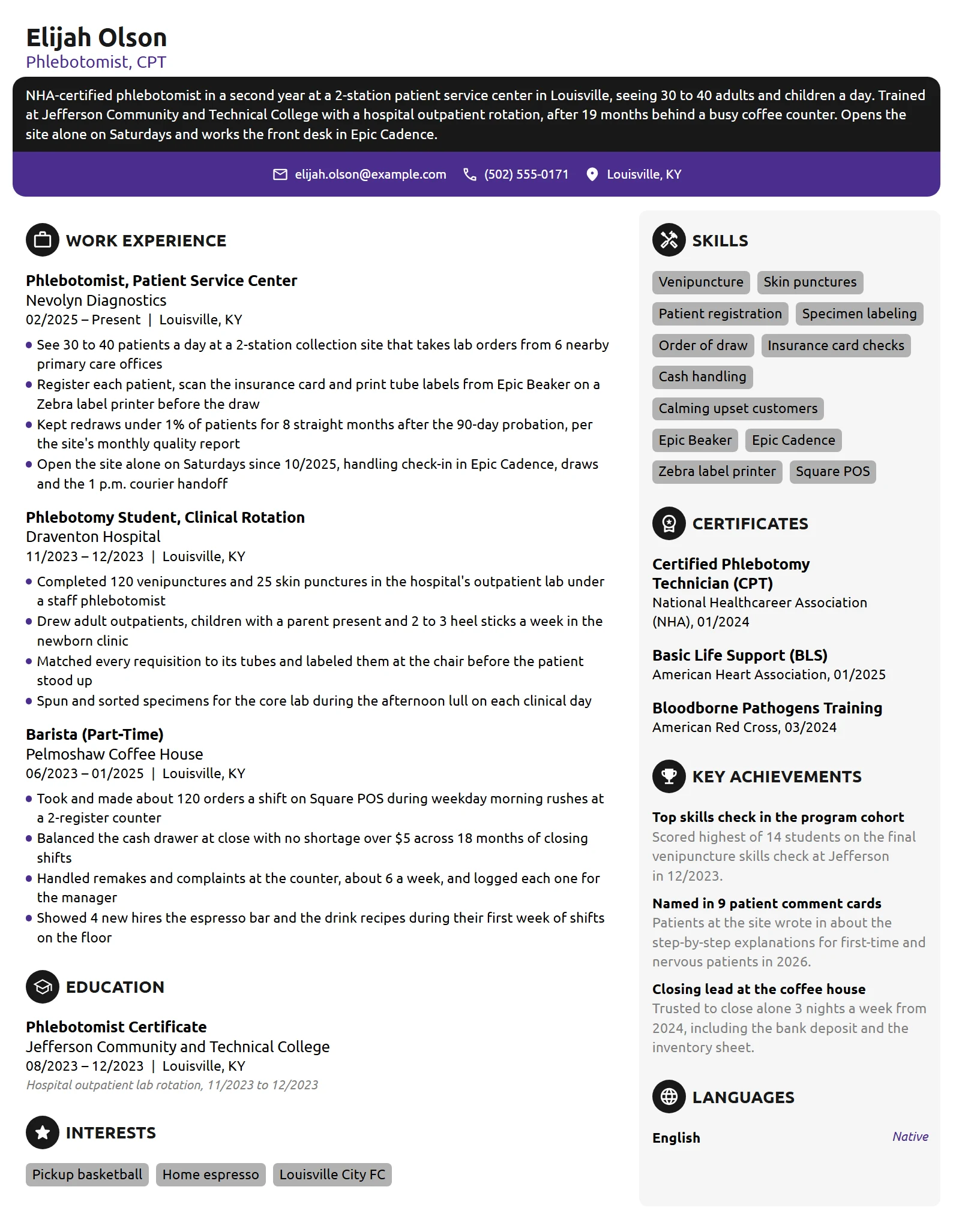 Entry-Level Phlebotomist resume example