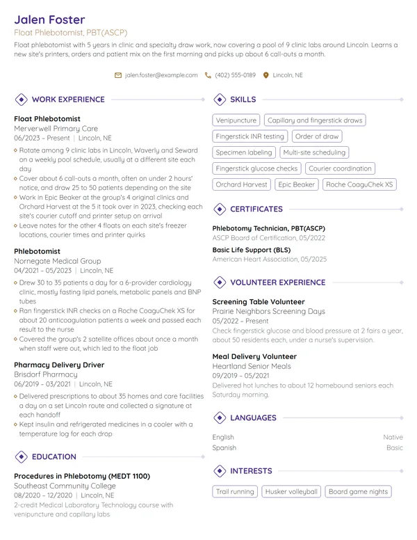 Float Phlebotomist resume example