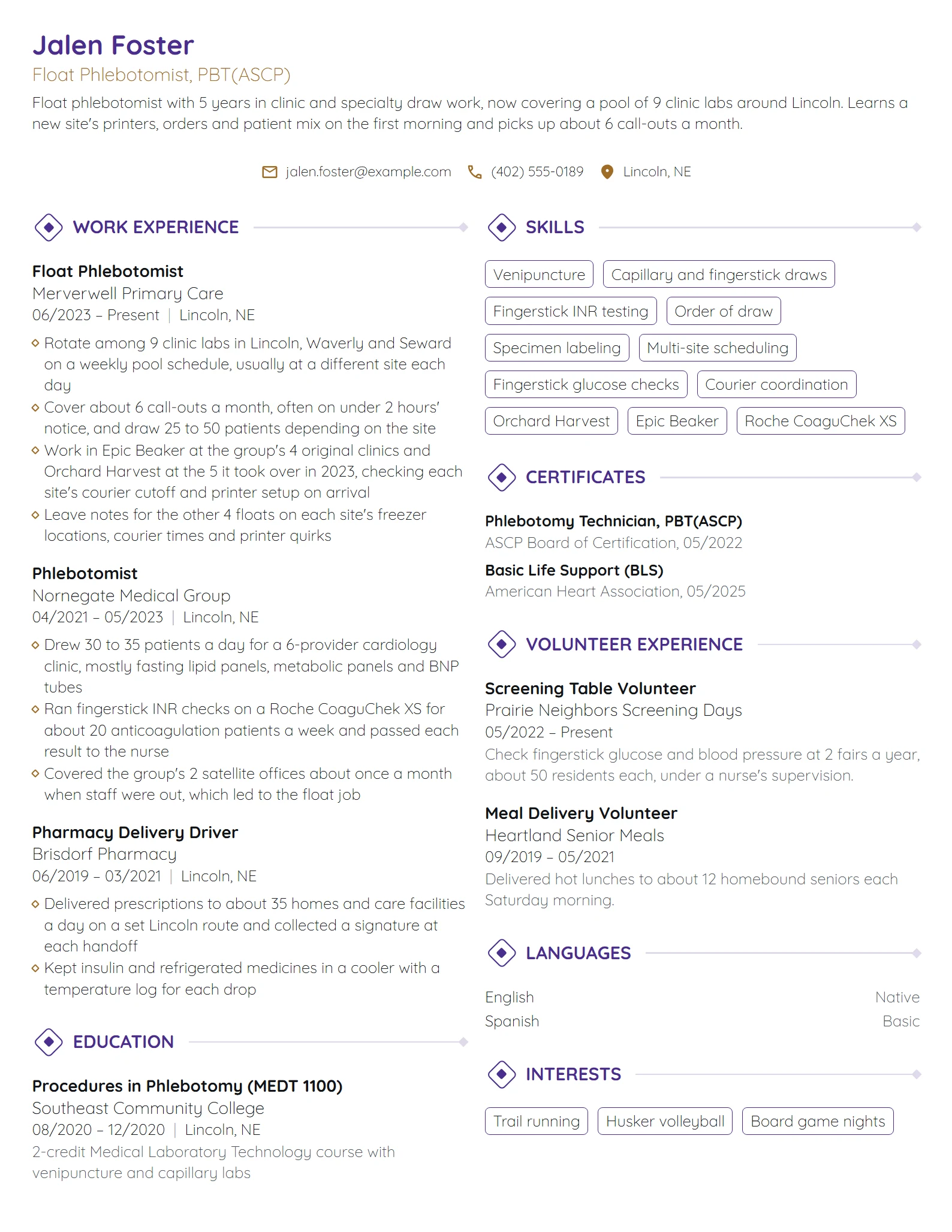 Float Phlebotomist resume example