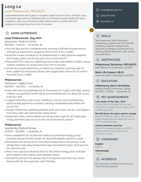 Lead Phlebotomist resume example