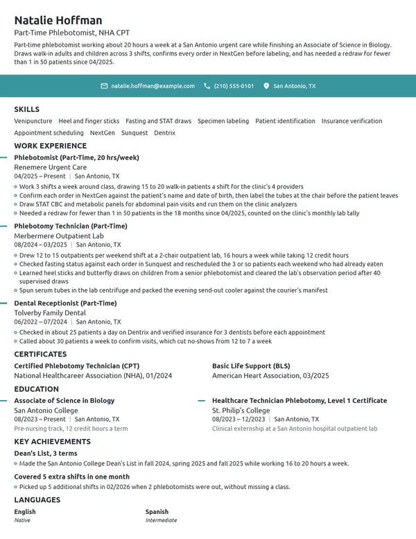 Part-Time Phlebotomist resume example