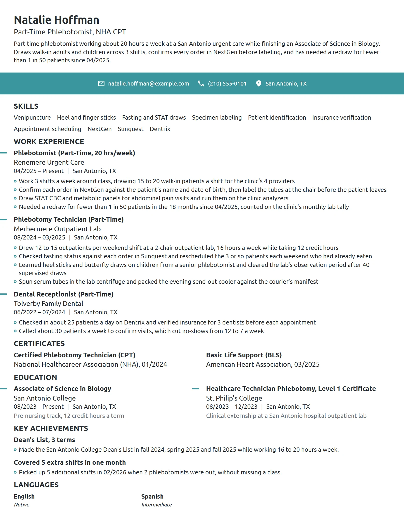 Part-Time Phlebotomist resume example