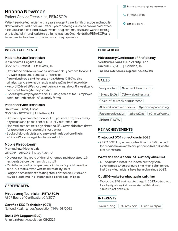 Patient Service Technician resume example
