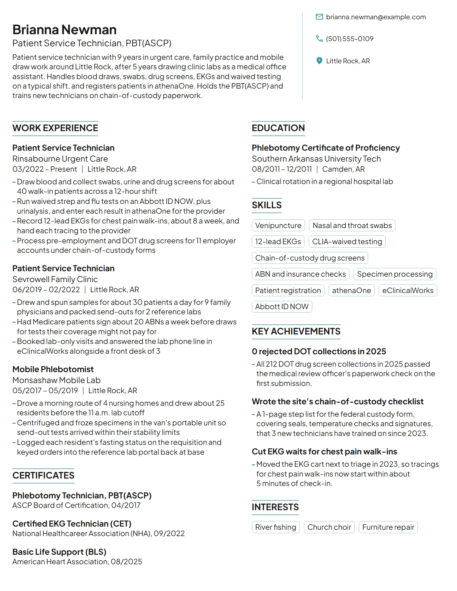 Patient Service Technician resume example