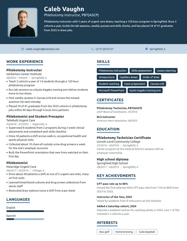 Phlebotomy Instructor resume example