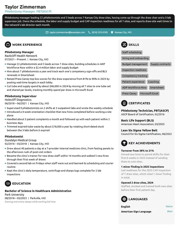 Phlebotomy Manager resume example