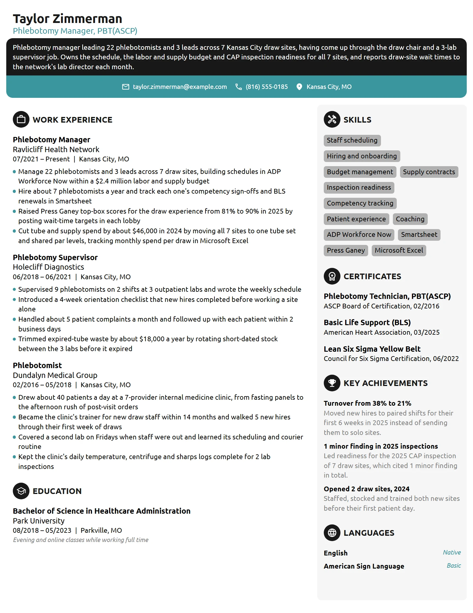 Phlebotomy Manager resume example