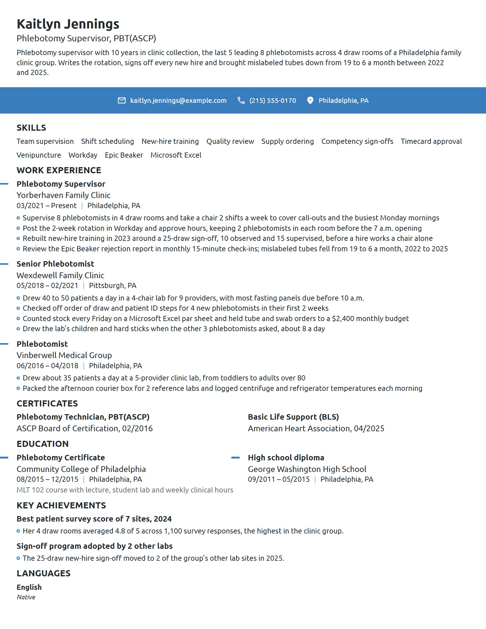 Phlebotomy Supervisor resume example