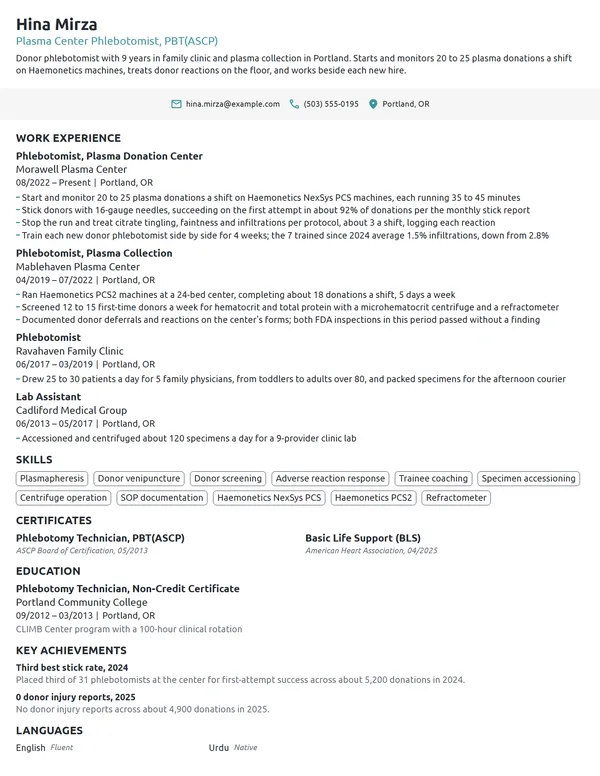 Plasma Center Phlebotomist resume example