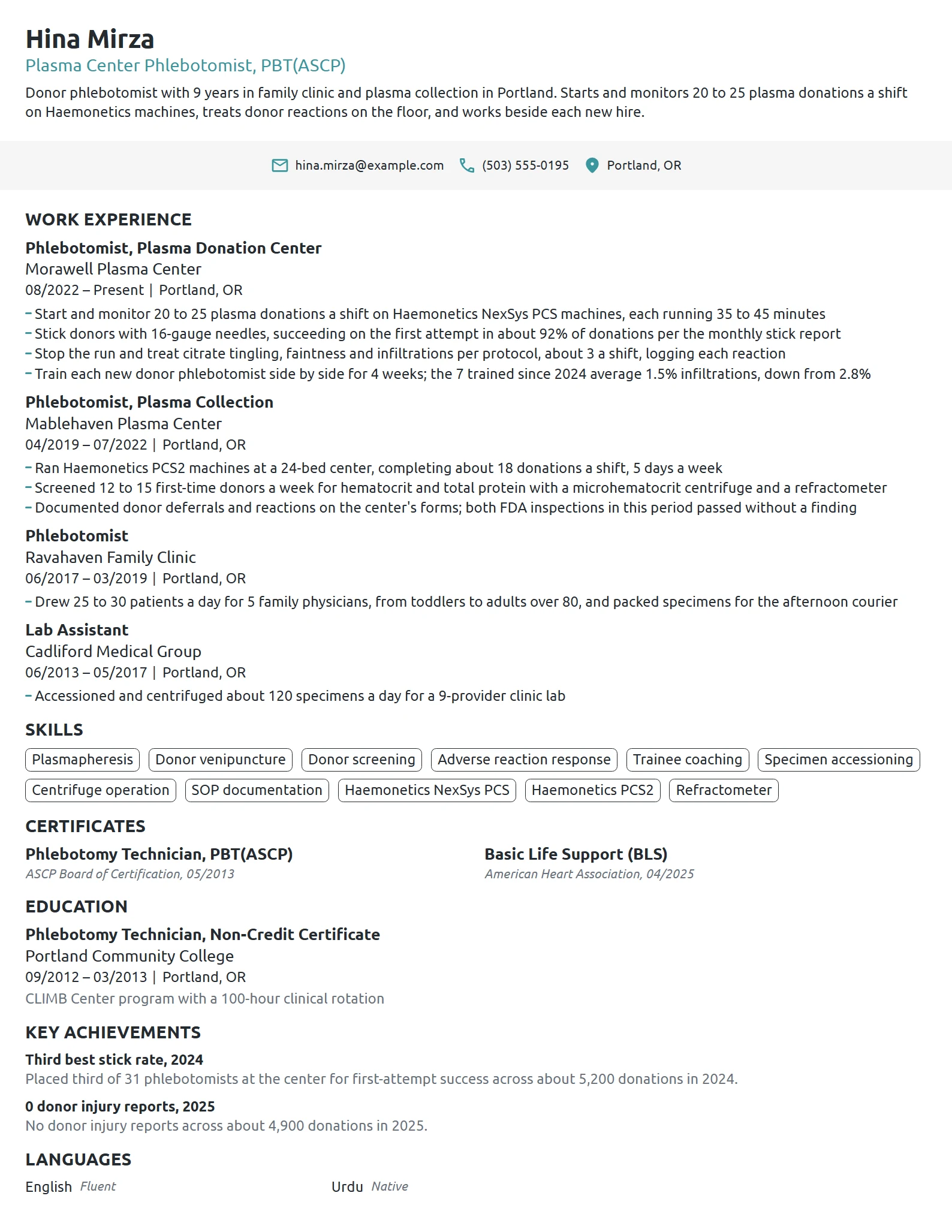 Plasma Center Phlebotomist resume example