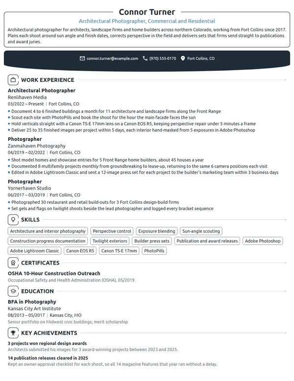 Architectural Photographer resume example
