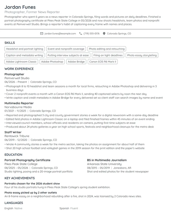 Career Change Photographer resume example