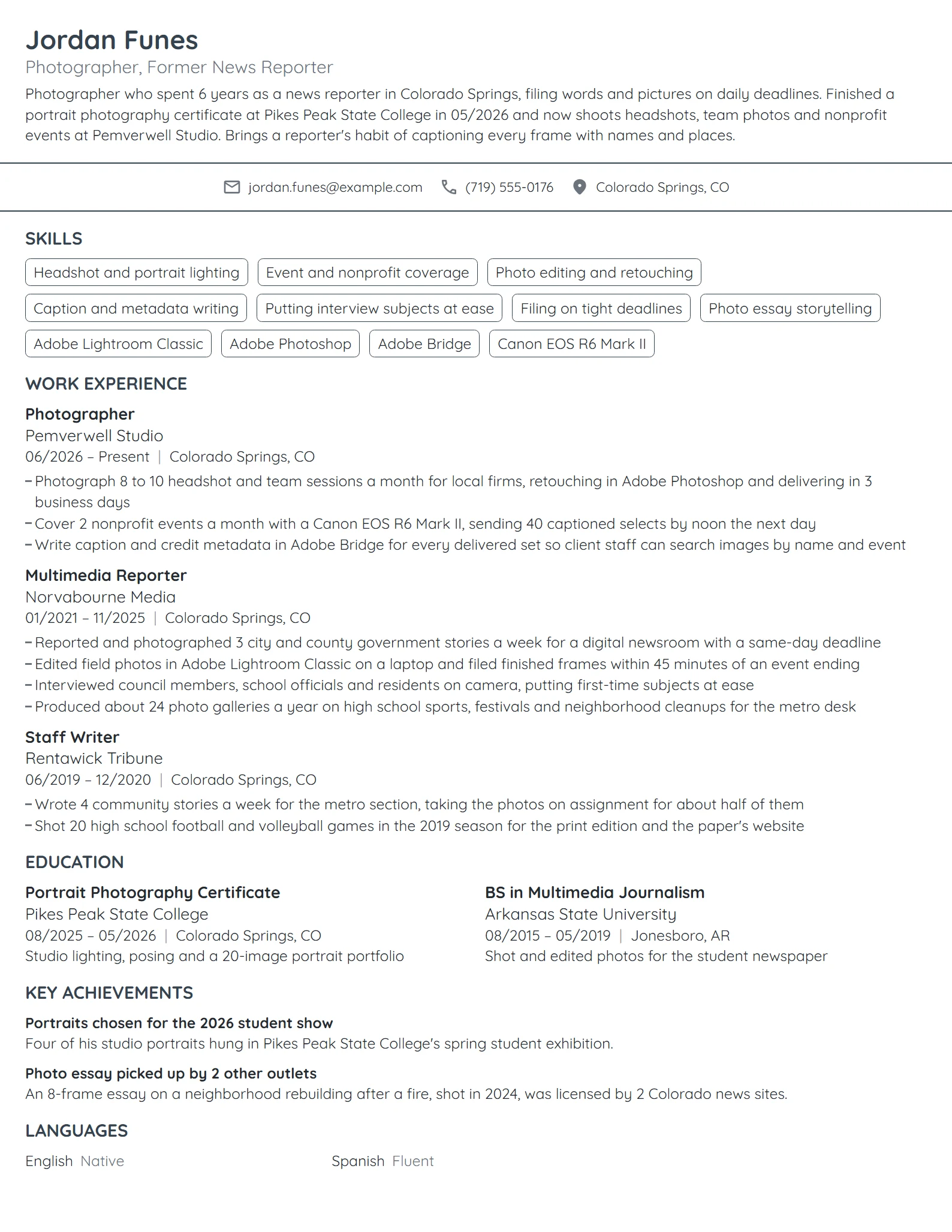 Career Change Photographer resume example