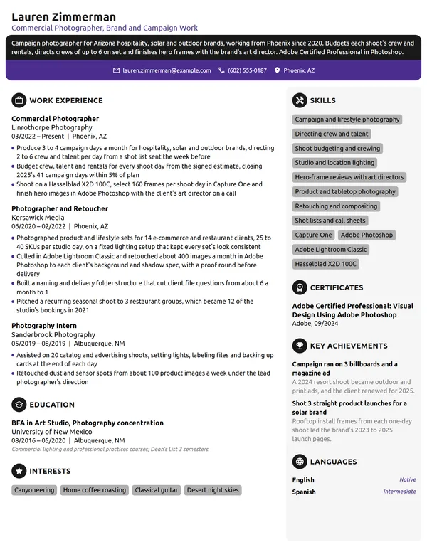 Commercial Photographer resume example