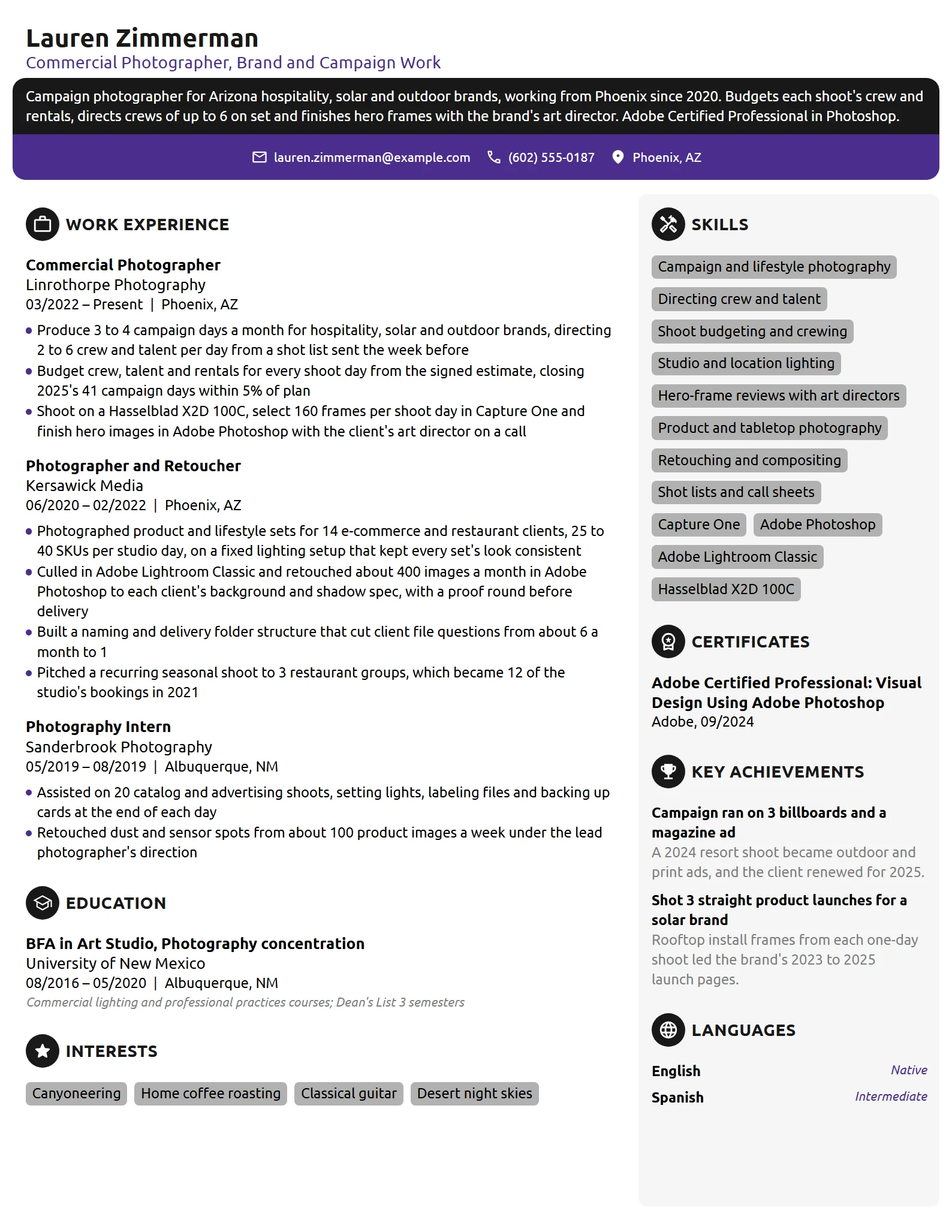 Commercial Photographer resume example