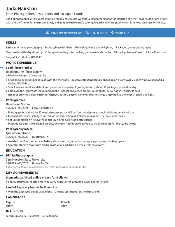 Food Photographer resume example