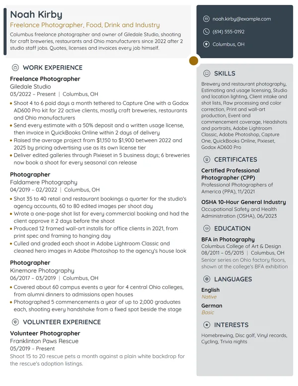 Freelance Photographer resume example