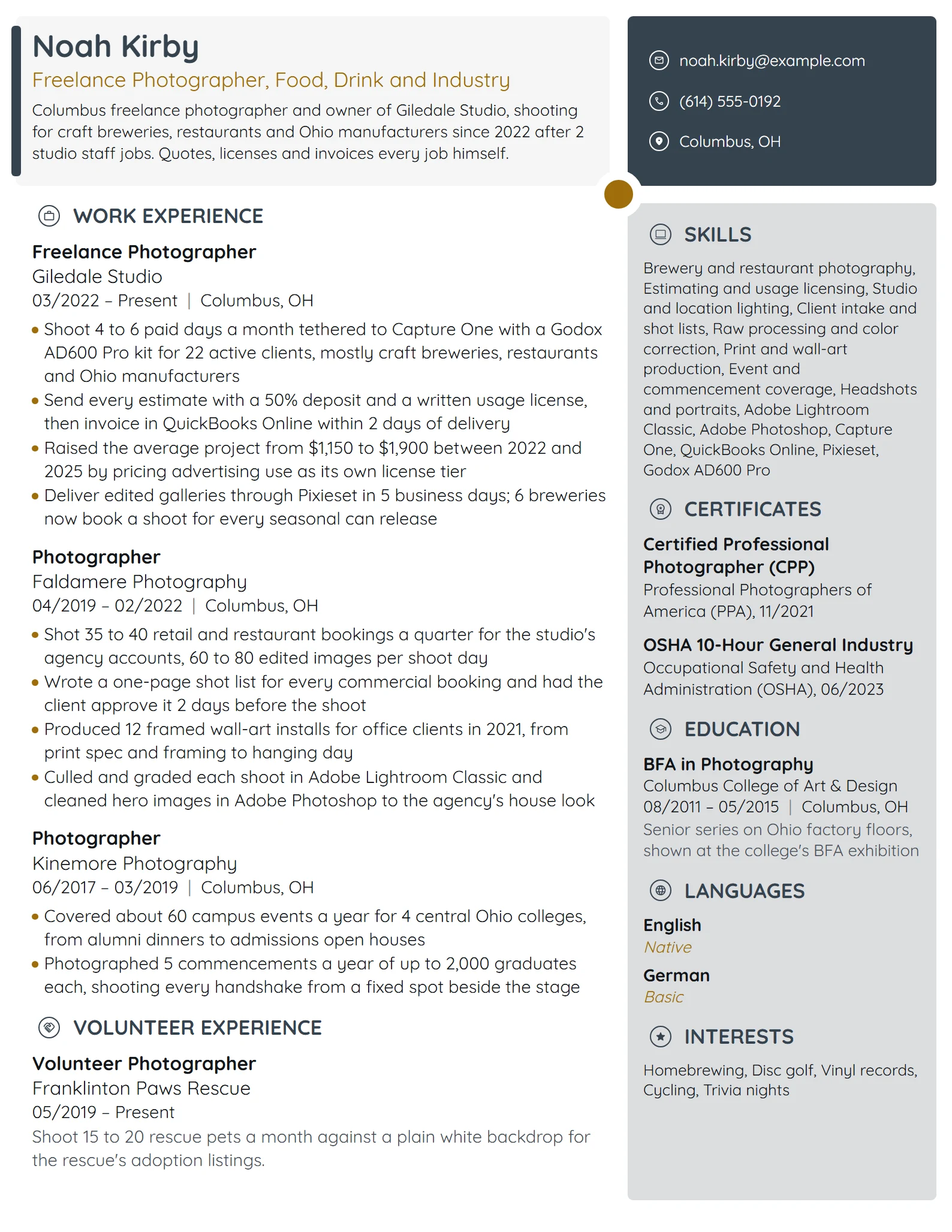 Freelance Photographer resume example