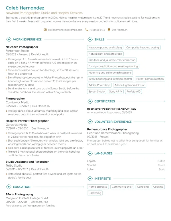 Newborn Photographer resume example