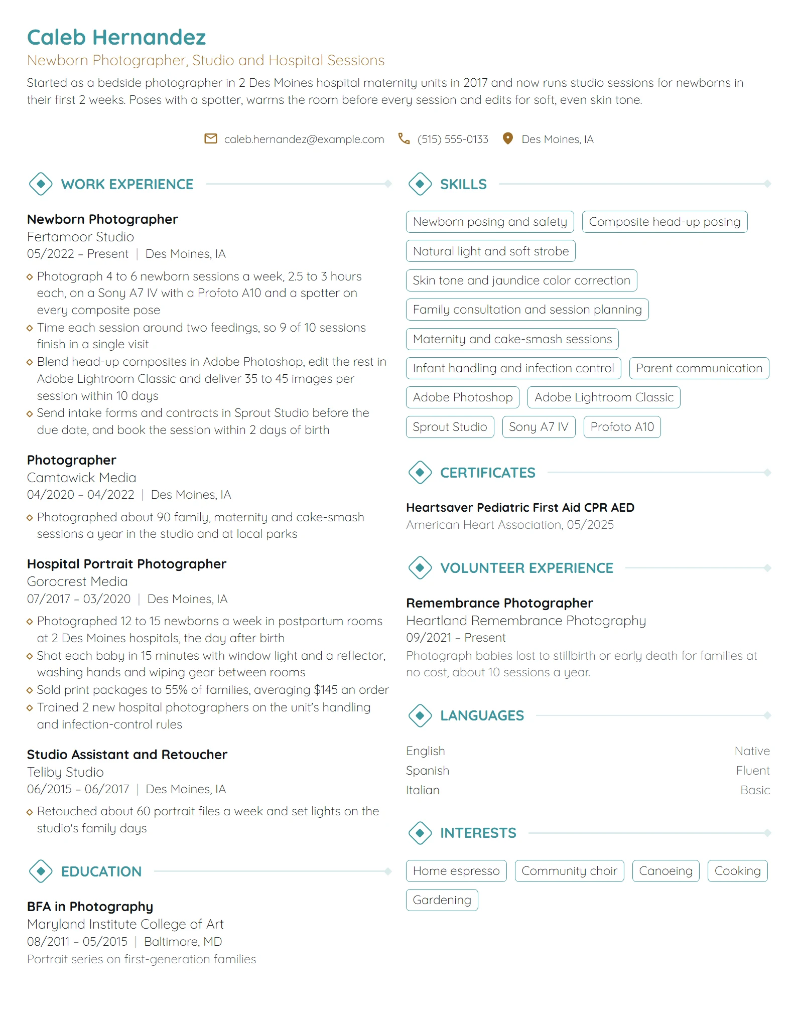 Newborn Photographer resume example