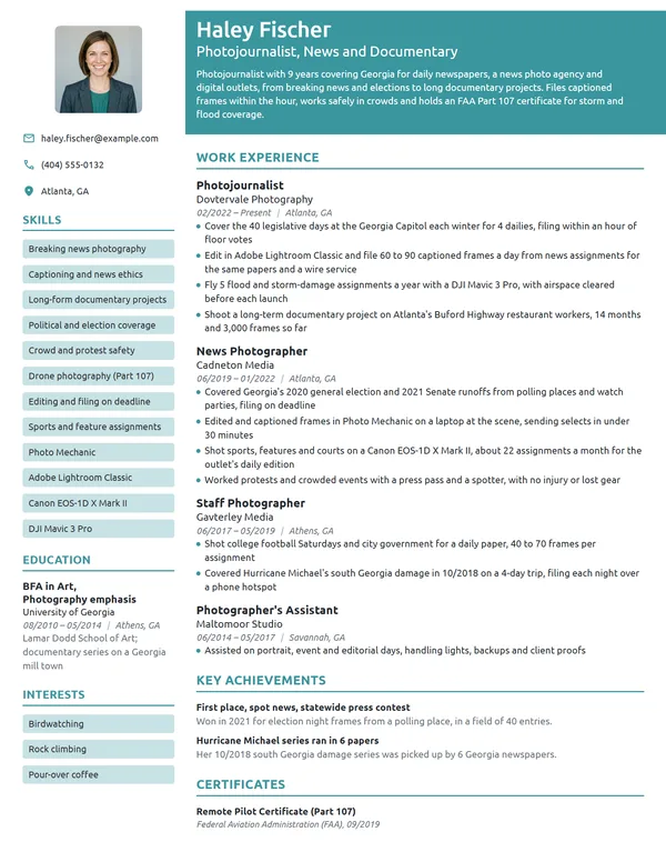 Photojournalist resume example