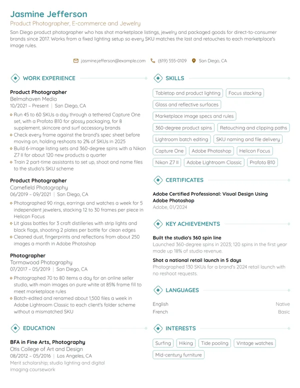 Product Photographer resume example
