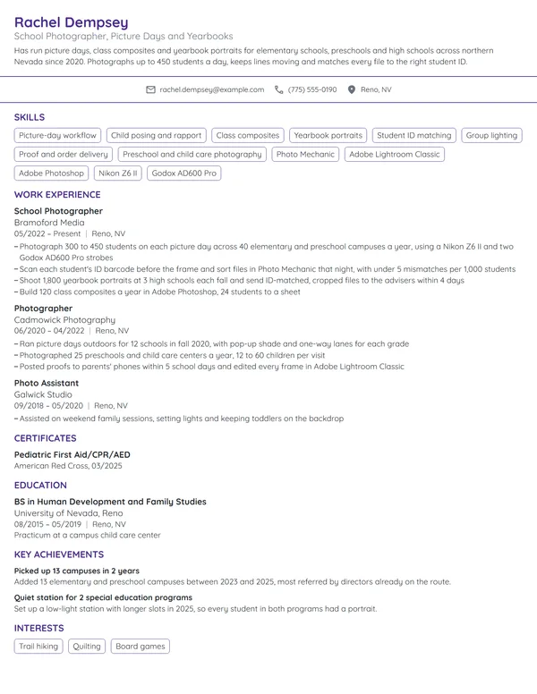 School Photographer resume example