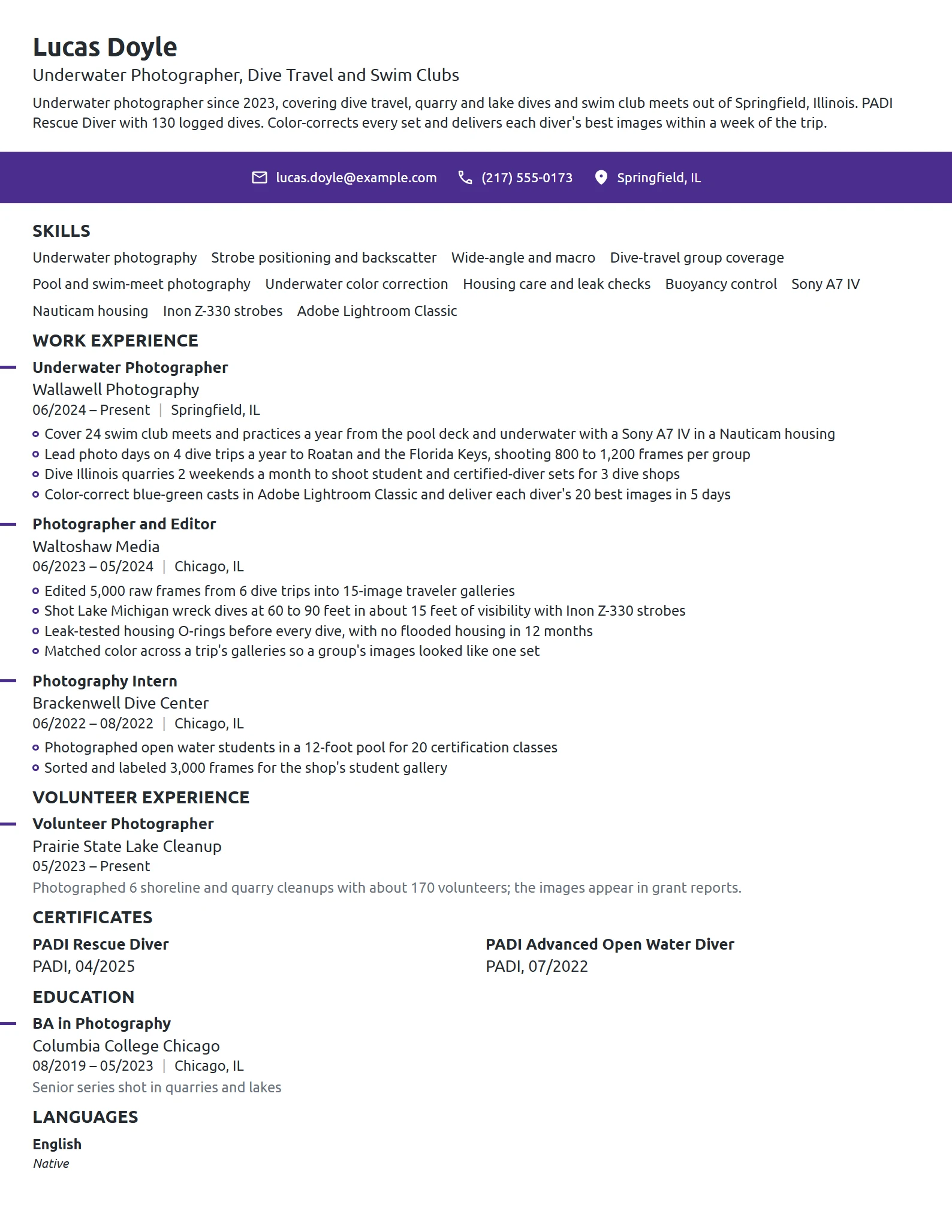 Underwater Photographer resume example