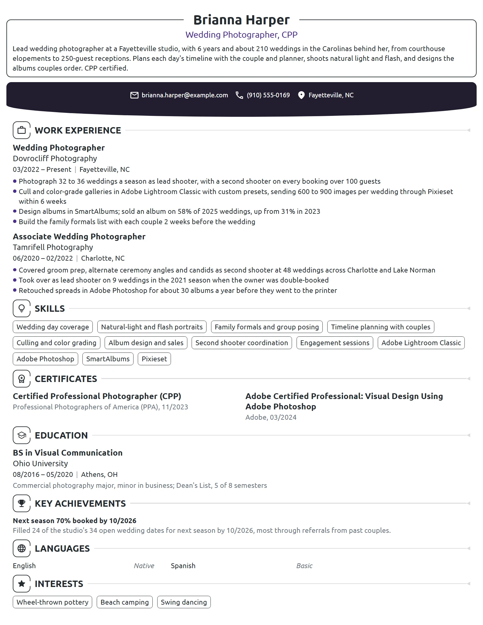 Wedding Photographer resume example