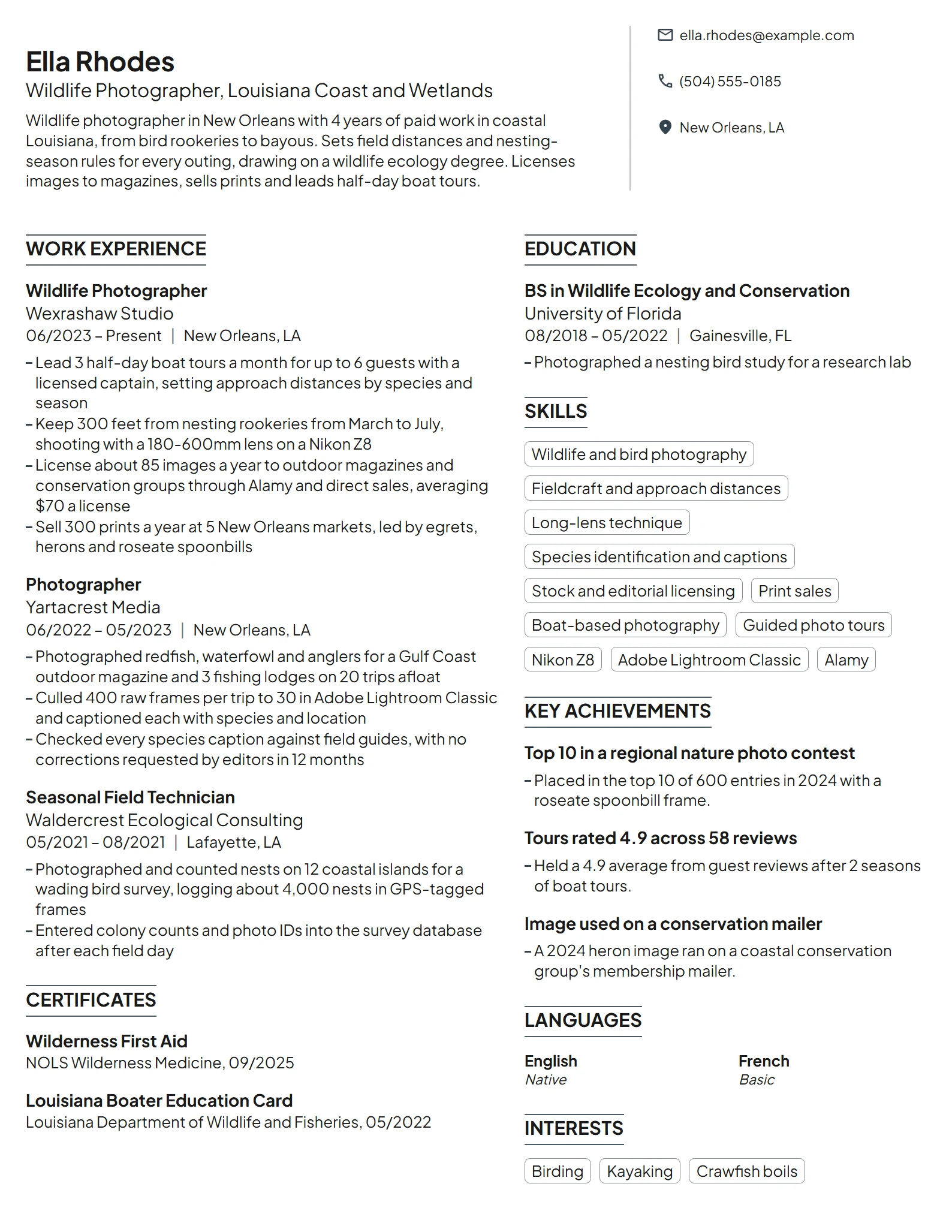 Wildlife Photographer resume example