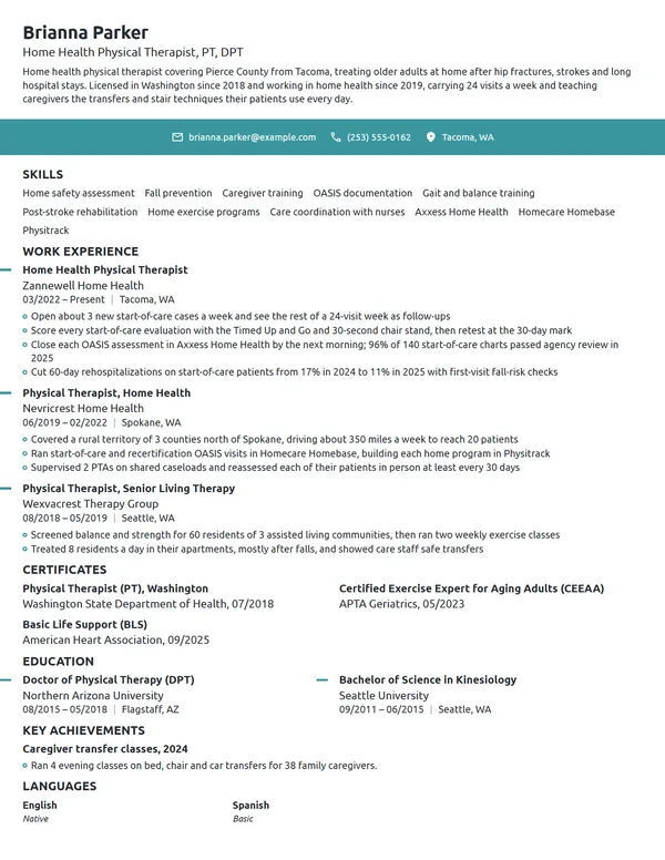 Home Health Physical Therapist resume example