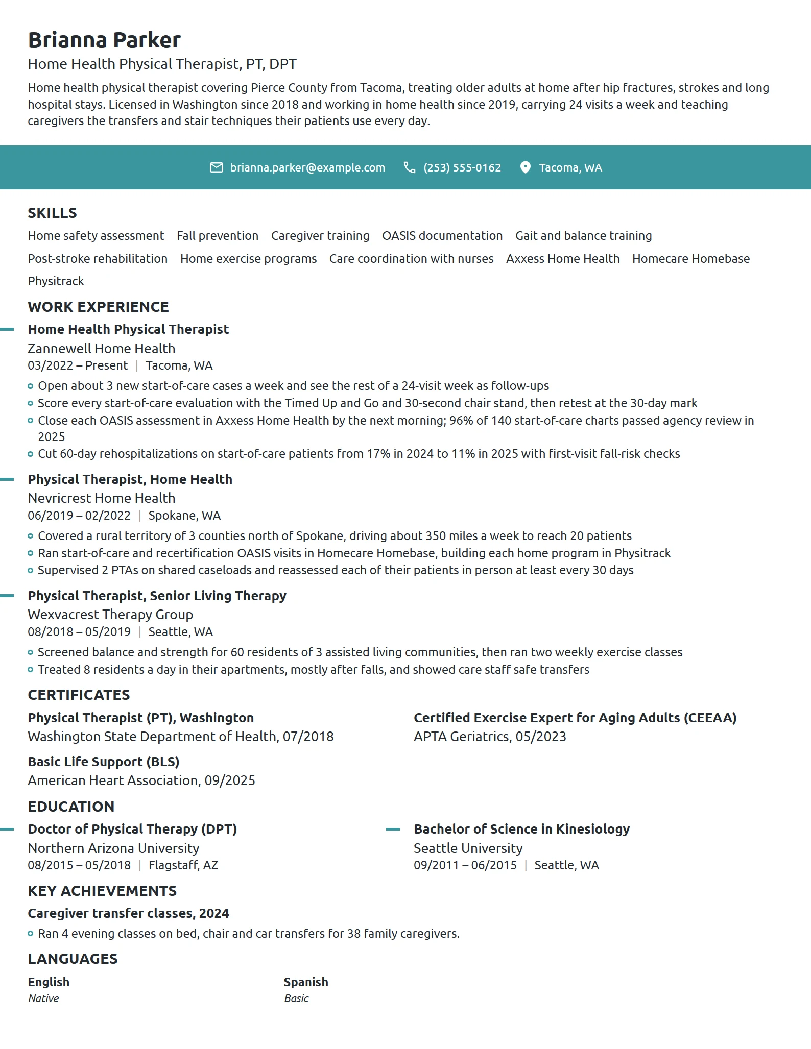 Home Health Physical Therapist resume example
