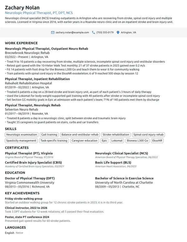 Neurologic Physical Therapist resume example