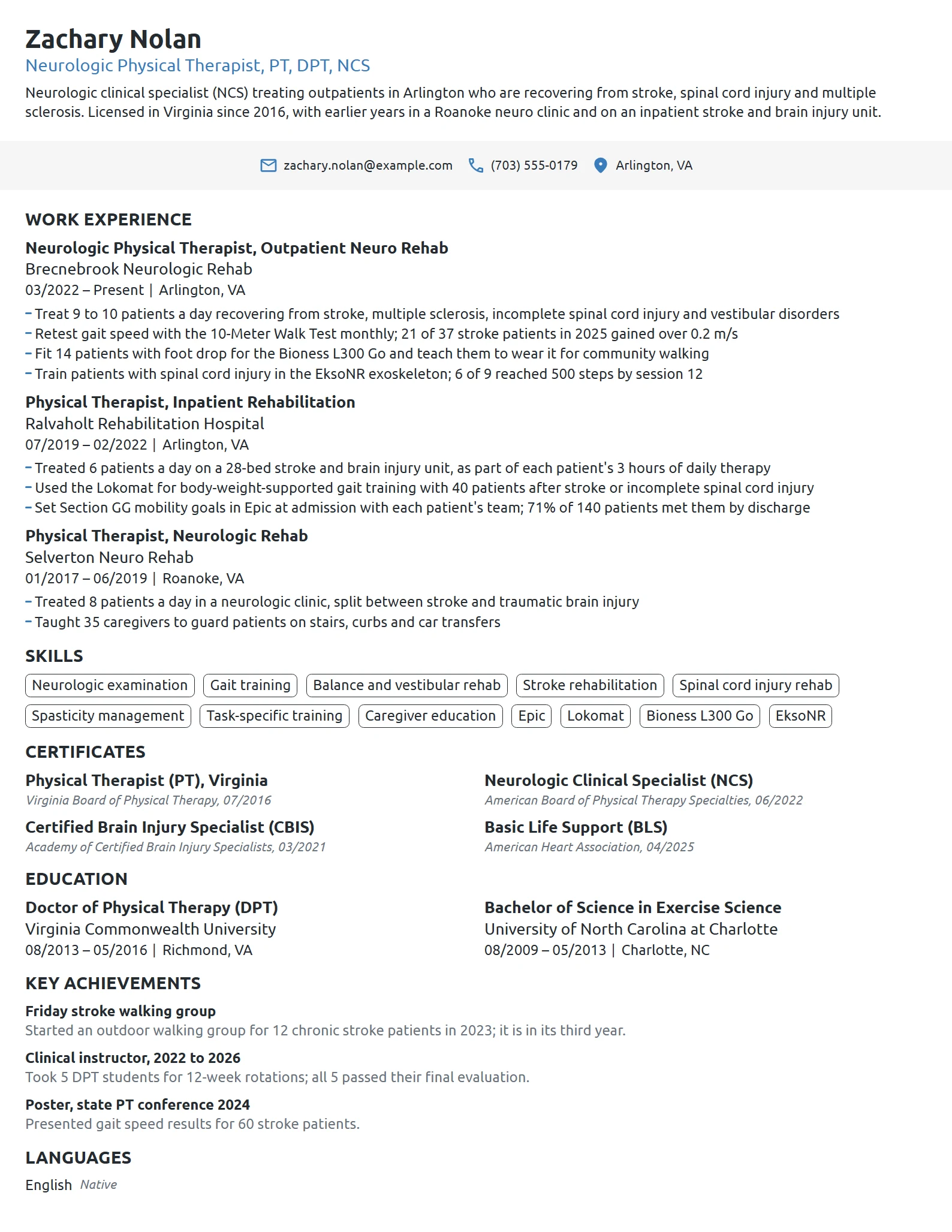 Neurologic Physical Therapist resume example