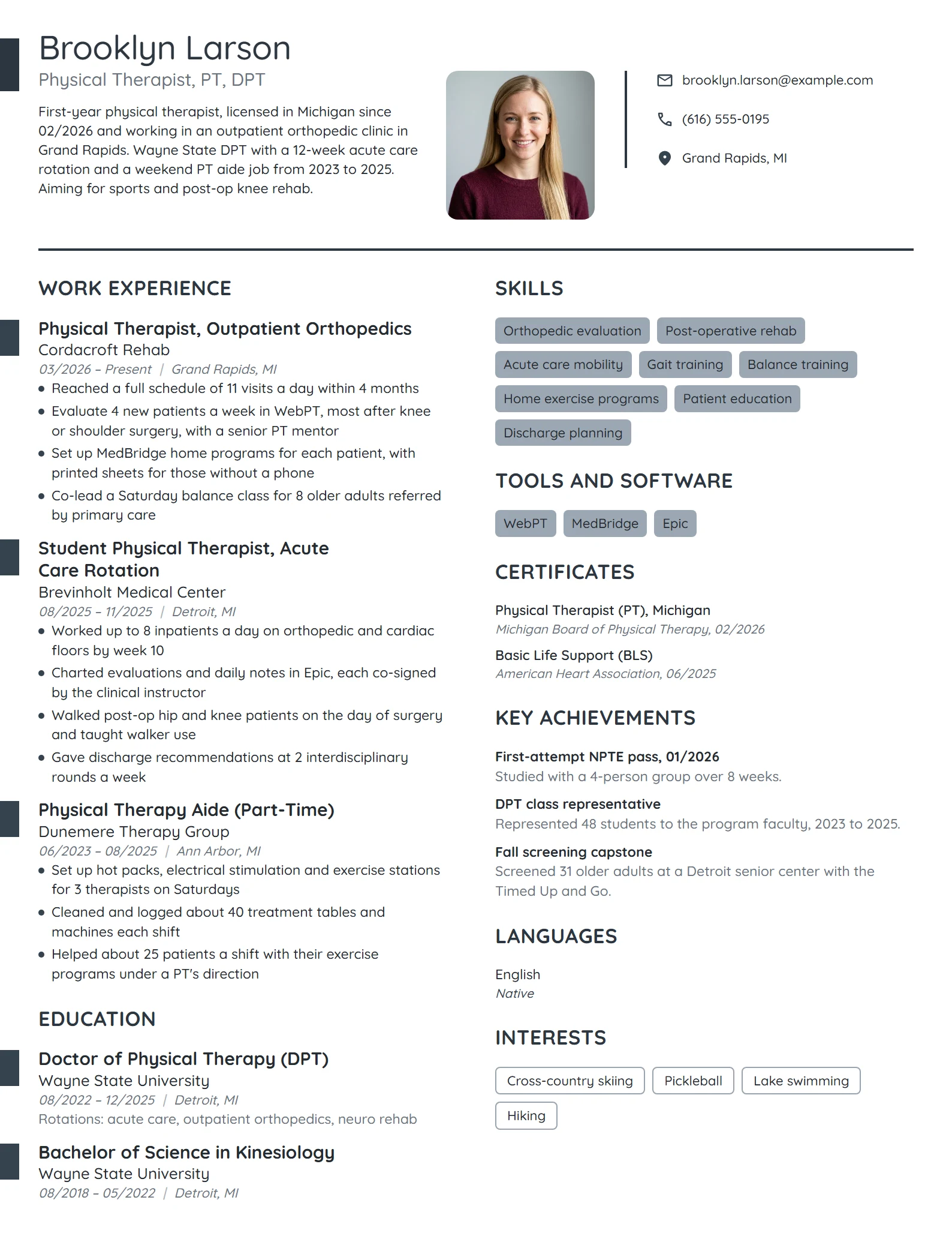 New Grad Physical Therapist resume example