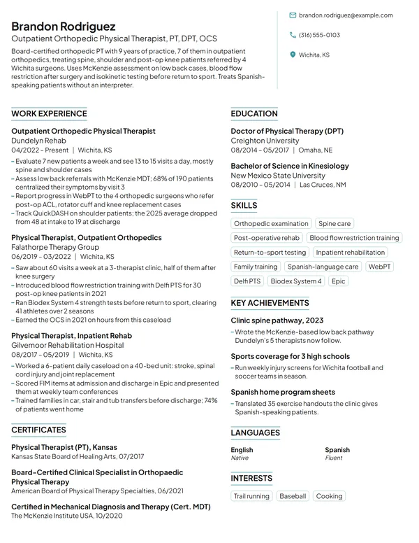 Outpatient Orthopedic Physical Therapist resume example