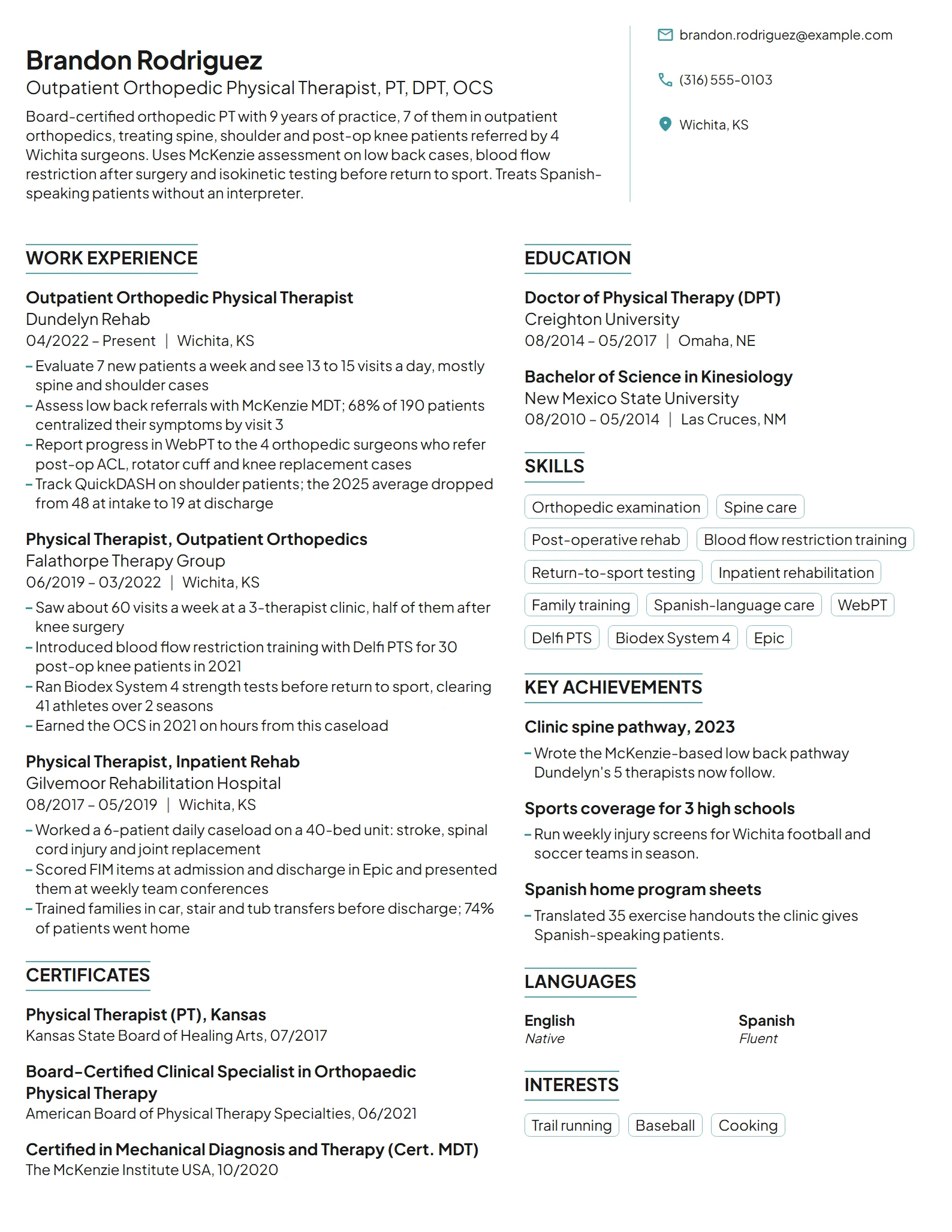 Outpatient Orthopedic Physical Therapist resume example