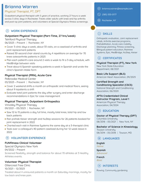 Part-Time Physical Therapist resume example