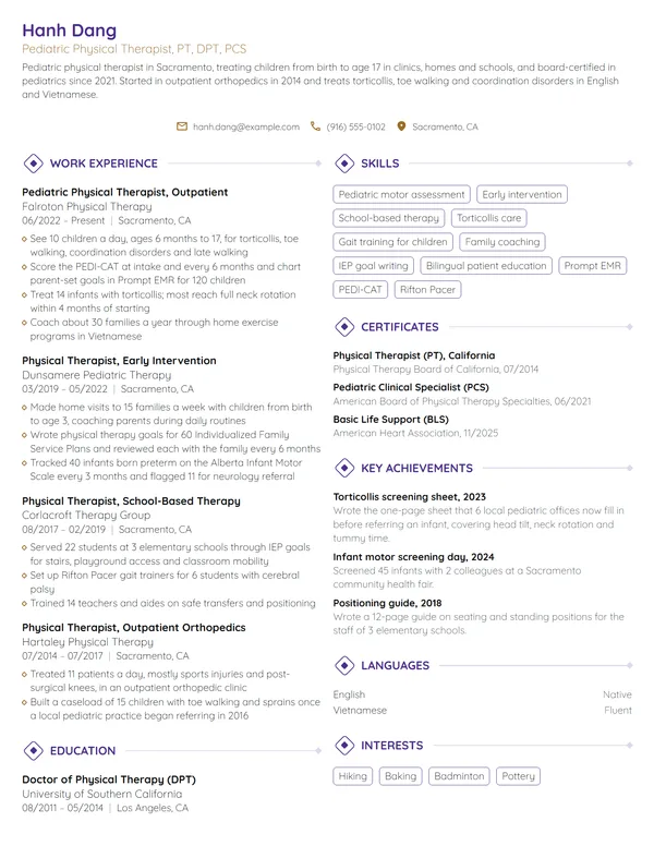 Pediatric Physical Therapist resume example