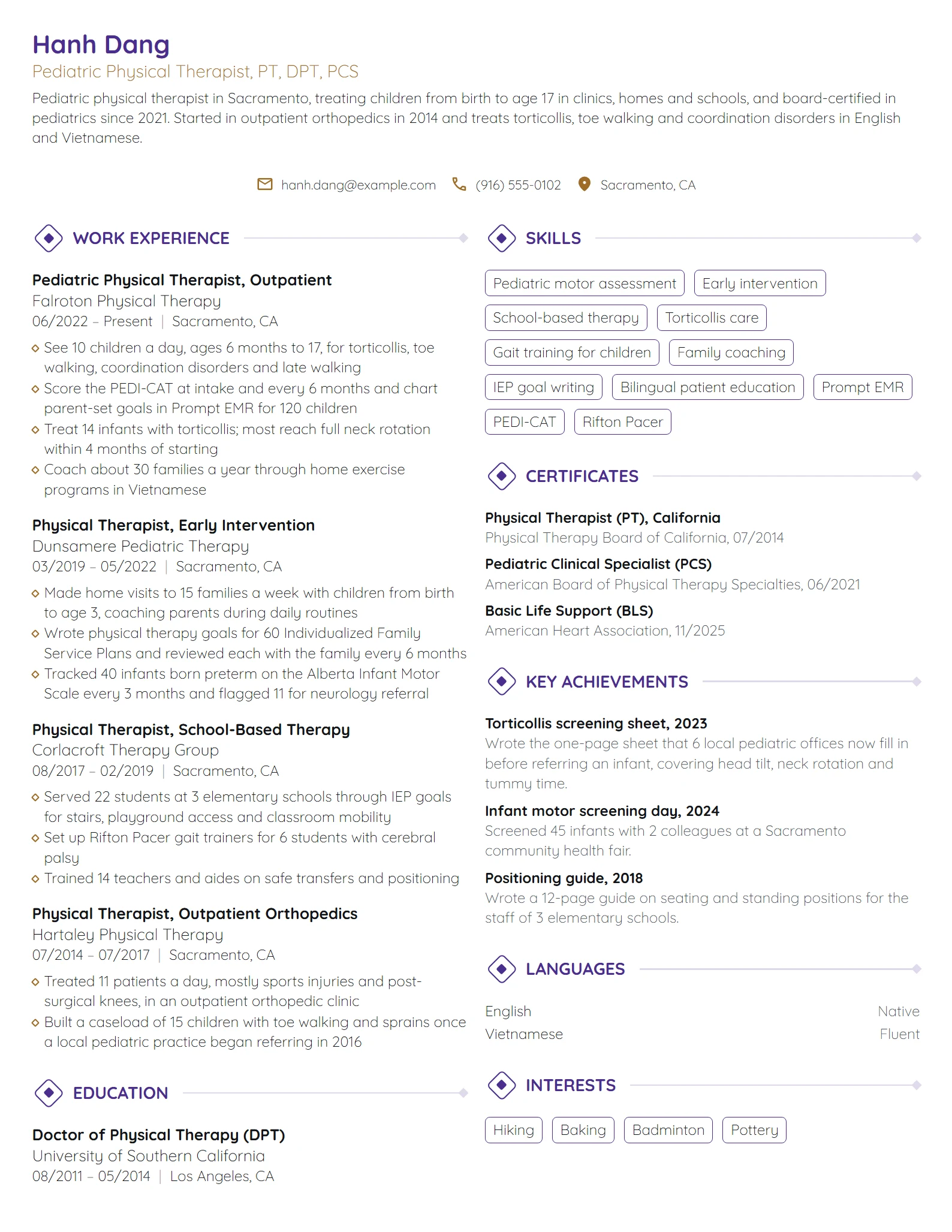 Pediatric Physical Therapist resume example