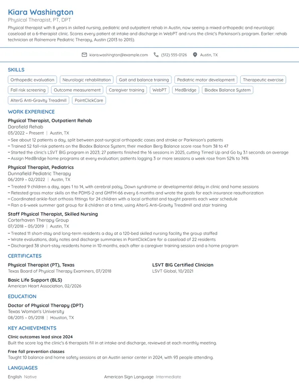 Physical Therapist resume example