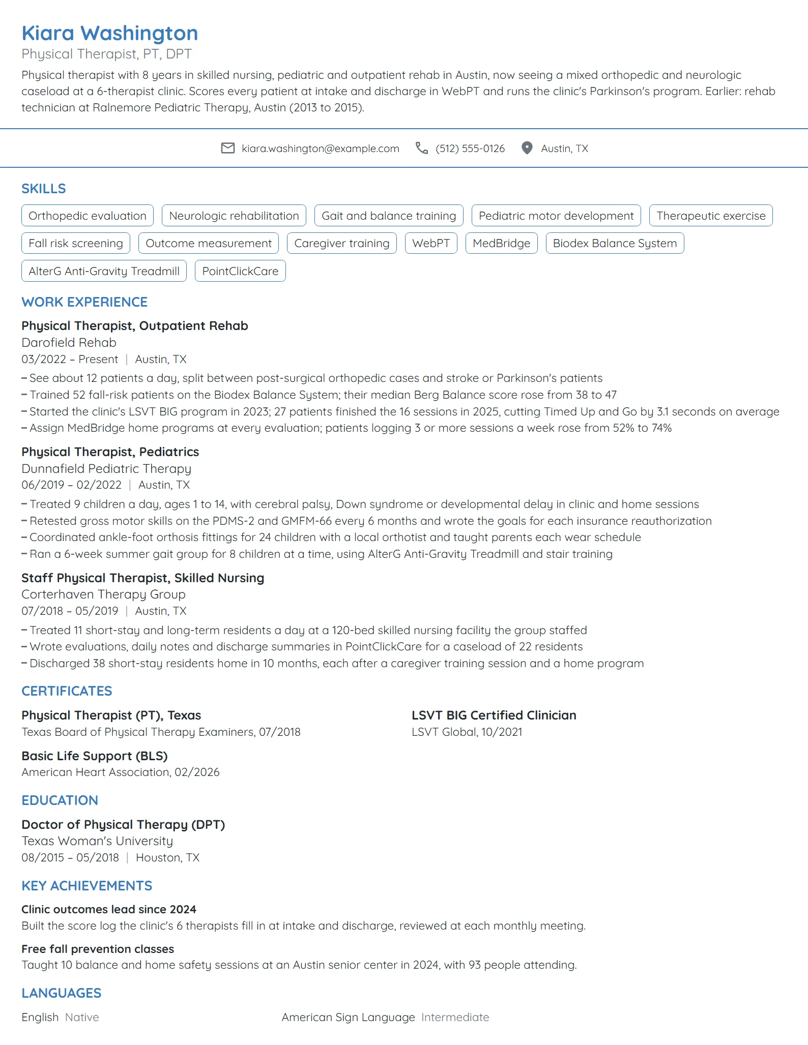 Physical Therapist resume example