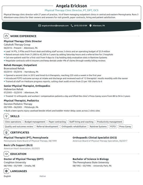 Physical Therapy Clinic Director resume example